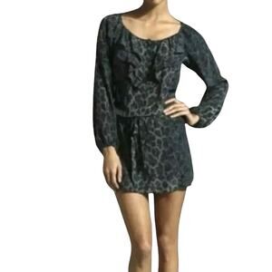 Rebecca Taylor Silk Leopard Tunic Mini Dress Storm Cat Gray Blue Ruffles